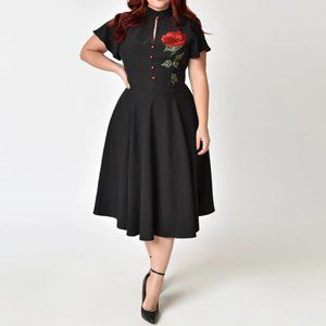 Unique Vintage 1950s Black & Embroidered Red Rose Dress